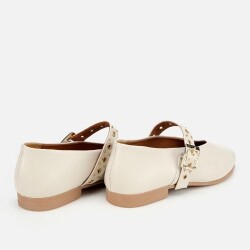 Women's Leather Ecru Mary Jane Belted Ballet Flats - 4