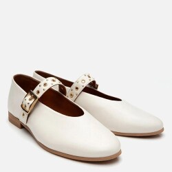 Women's Leather Ecru Mary Jane Belted Ballet Flats - 2