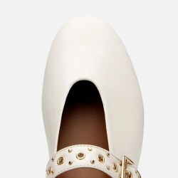 Women's Leather Ecru Mary Jane Belted Ballet Flats - 5