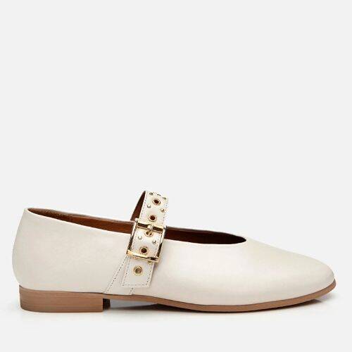 Women's Leather Ecru Mary Jane Belted Ballet Flats - 1
