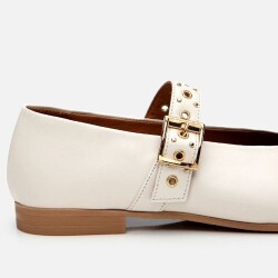 Women's Leather Ecru Mary Jane Belted Ballet Flats - 3