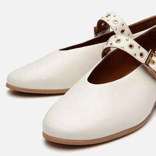 Women's Leather Ecru Mary Jane Belted Ballet Flats - 4