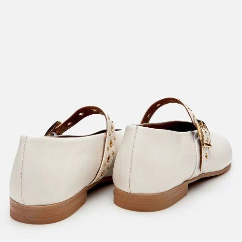 Women's Leather Ecru Mary Jane Belted Ballet Flats - 6