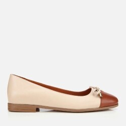 Women's Leather Tan Bow Detail Ballet Flats - Luxury Shoes