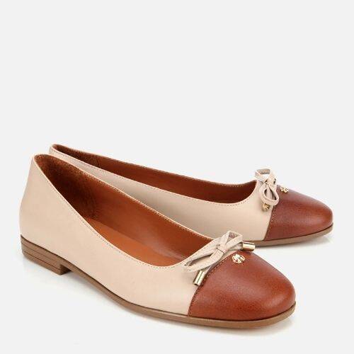 Women's Leather Tan Bow Detail Ballet Flats - 2