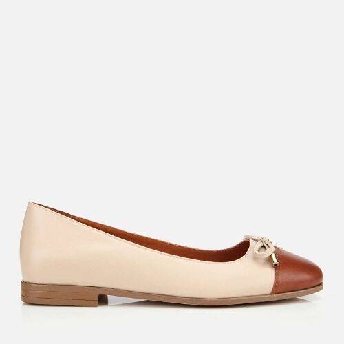 Women's Leather Tan Bow Detail Ballet Flats - 1