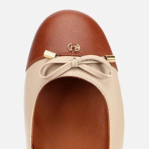 Women's Leather Tan Bow Detail Ballet Flats - 4