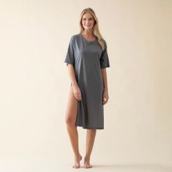 Women's Long Crew Neck Cotton Sacrale T-Shirt Dark Grey - Vip Clothing