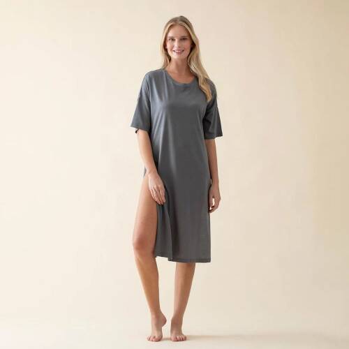 Women's Long Crew Neck Cotton Sacrale T-Shirt Dark Grey - 1