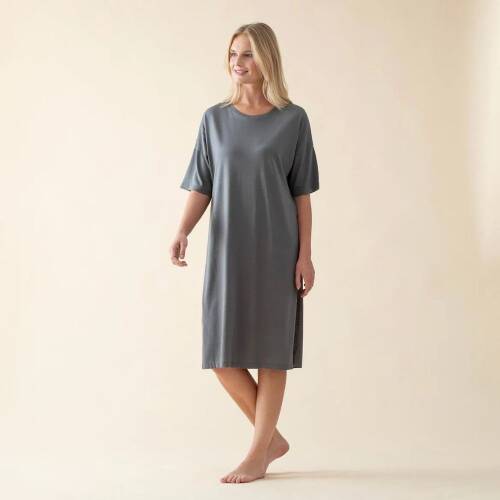 Women's Long Crew Neck Cotton Sacrale T-Shirt Dark Grey - 2