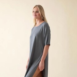 Women's Long Crew Neck Cotton Sacrale T-Shirt Dark Grey - 3