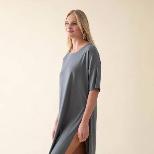 Women's Long Crew Neck Cotton Sacrale T-Shirt Dark Grey - 3