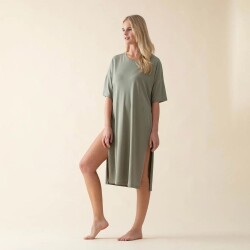 Women's Long Crew Neck Cotton Sacrale T-Shirt Green - 2