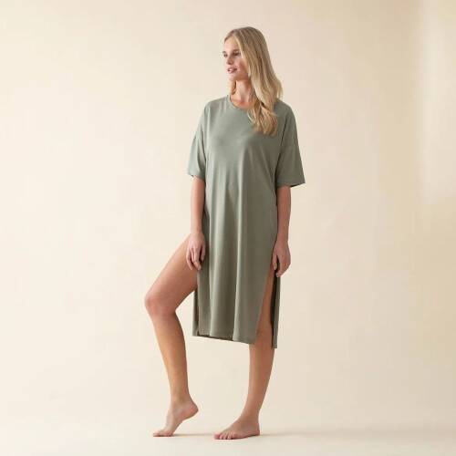 Women's Long Crew Neck Cotton Sacrale T-Shirt Green - 2