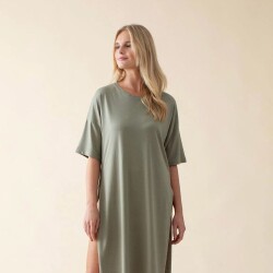 Women's Long Crew Neck Cotton Sacrale T-Shirt Green - 3