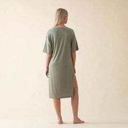 Women's Long Crew Neck Cotton Sacrale T-Shirt Green - 4