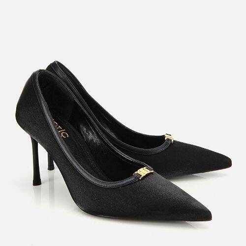 Women's Satin Black Gold Detail High Heel Stiletto - 2