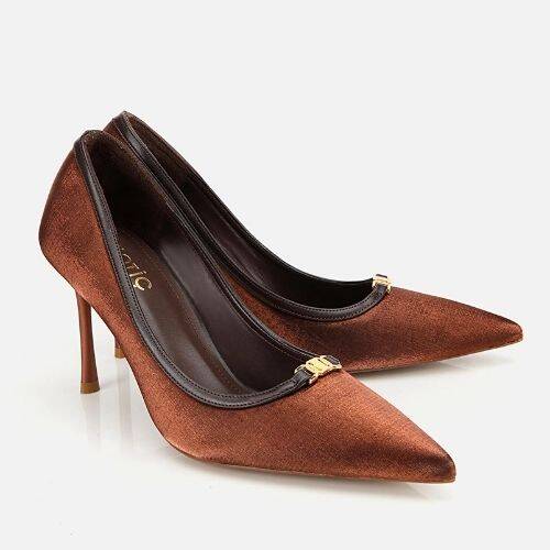 Women's Satin Light Brown Gold Detail High Heel Stiletto - 2