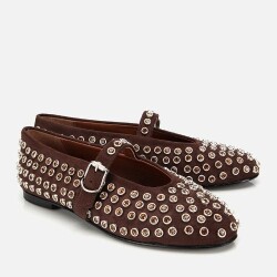 Women's Suede Brown Stone Embellished Ballet Flats - 2