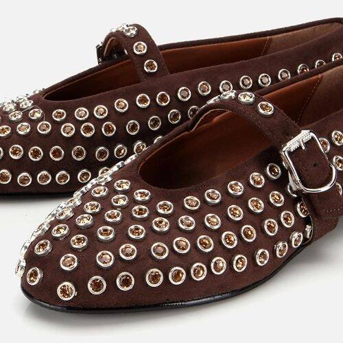 Women's Suede Brown Stone Embellished Ballet Flats - 3