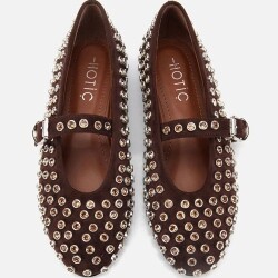 Women's Suede Brown Stone Embellished Ballet Flats - 6