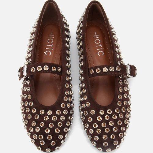 Women's Suede Brown Stone Embellished Ballet Flats - 6