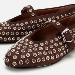 Women's Suede Brown Stone Embellished Ballet Flats - 3