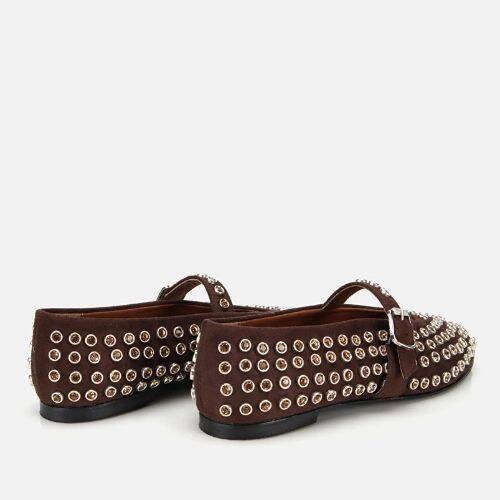 Women's Suede Brown Stone Embellished Ballet Flats - 4