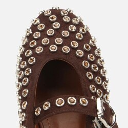 Women's Suede Brown Stone Embellished Ballet Flats - 5