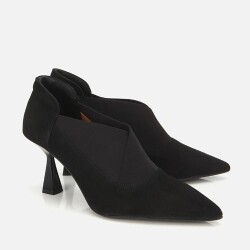 Women's Suede Leather Black Stretch Detail Thin Heel Stiletto - 2