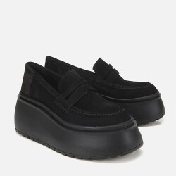 Women's Suede Leather Black Wedge Heel Casual Loafer - 2