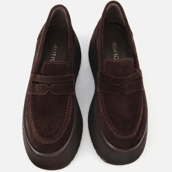 Women's Suede Leather Brown Wedge Heel Casual Loafer - 6