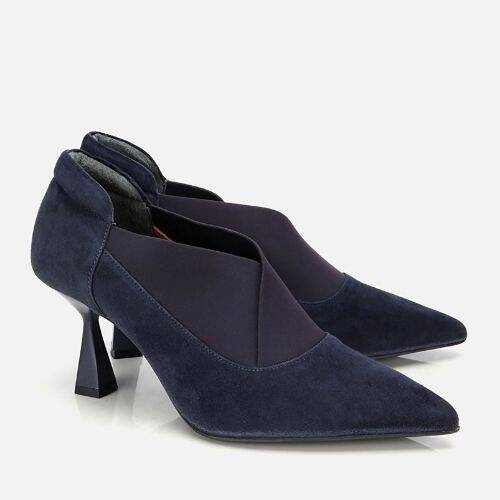 Women's Suede Leather Navy Stretch Detail Thin Heel Stiletto - 2
