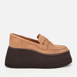 Women's Suede Leather Tan Wedge Heel Casual Loafer - Luxury Shoes