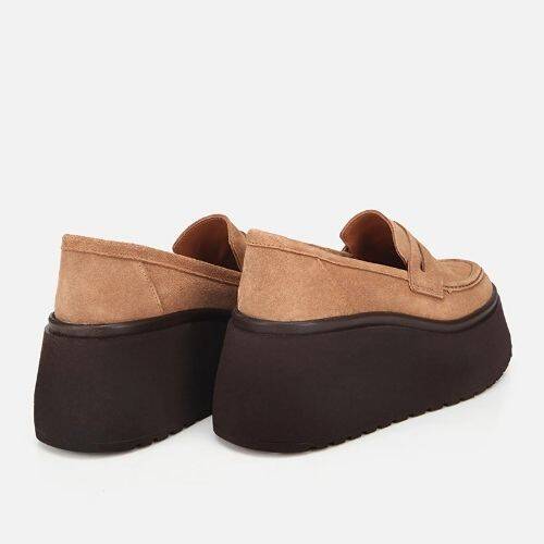 Women's Suede Leather Tan Wedge Heel Casual Loafer - 4