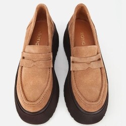 Women's Suede Leather Tan Wedge Heel Casual Loafer - 6