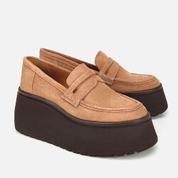 Women's Suede Leather Tan Wedge Heel Casual Loafer - 2