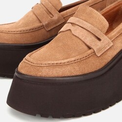 Women's Suede Leather Tan Wedge Heel Casual Loafer - 3