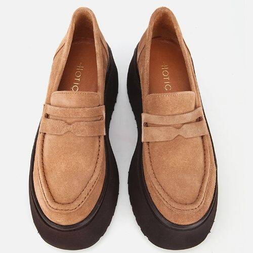 Women's Suede Leather Tan Wedge Heel Casual Loafer - 6